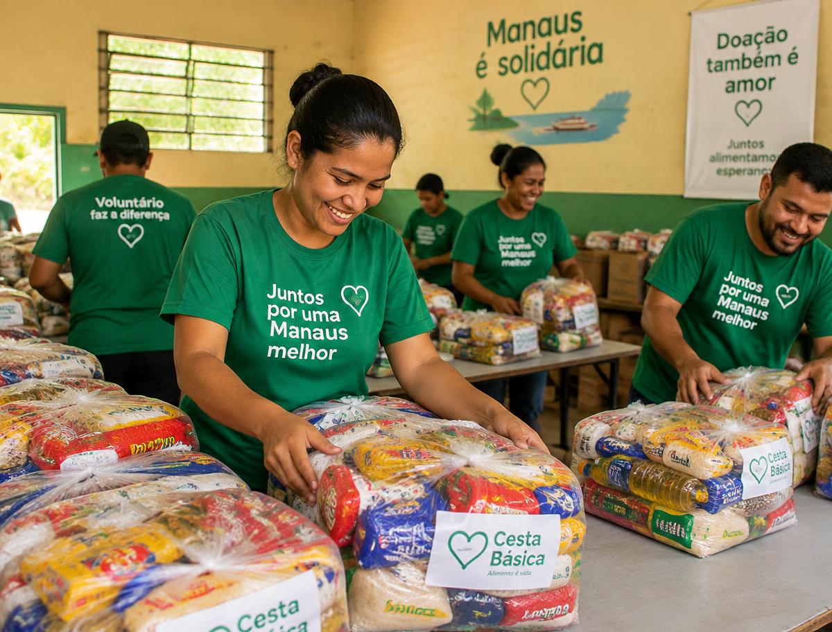 Voluntários organizando cestas básicas